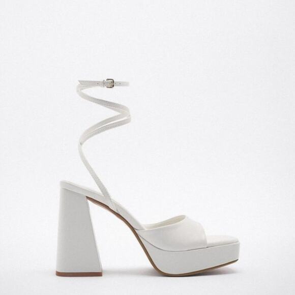 ZARA Leather Chunky High Heel Platform Chunky Strappy Sandals White - Picture 1 of 4